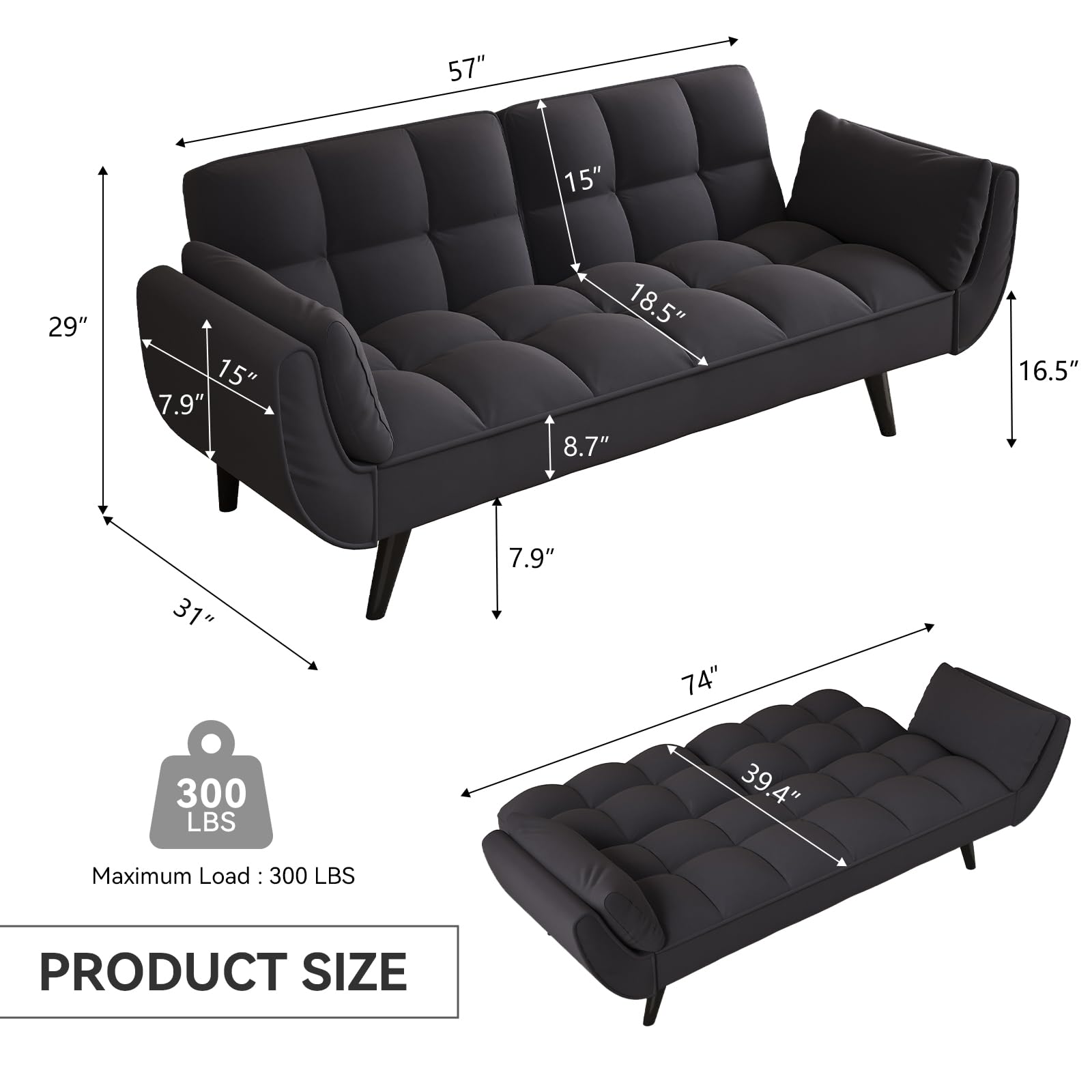 KINFFICT 57 inch Black Futon Sofa Couch Bed, Comfy Velvet Upholstered Loveseat, Convertible Sleeper Sofa cama with Adjustable Backrest, Mid Century Modern Sofas for Living Room, Bedroom, Small Space