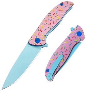 amsotta pink sprinkle donut knife, sharp folding pocket knives for men women, g10 handle m390 blade edc knife with pocket clip