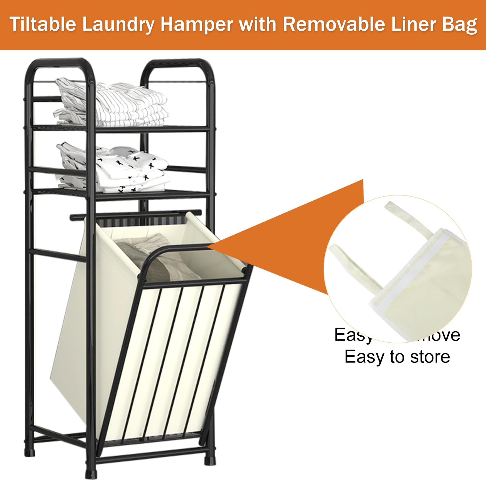 Tilt Out Laundry Hamper with 2 Tier Shelves,Laundry Basket with Removable Liner Bag,Clothes Hamper with Divided Bag for Laundry Room, Bathroom, Bedroom,45 Liter