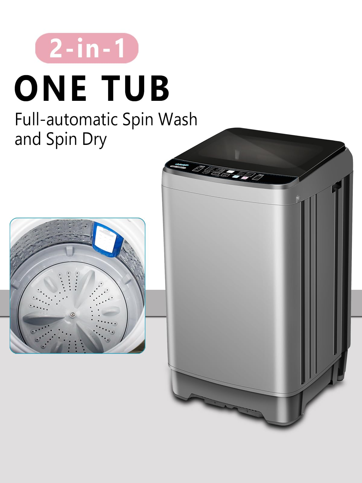 KRIB BLING Full-Automatic Washing Machine with LED Display 25 lbs Portable Washer 10 Wash Program & 8 Water Level Drain Pump Ideal for Camping, Apartment, Dorm Grey