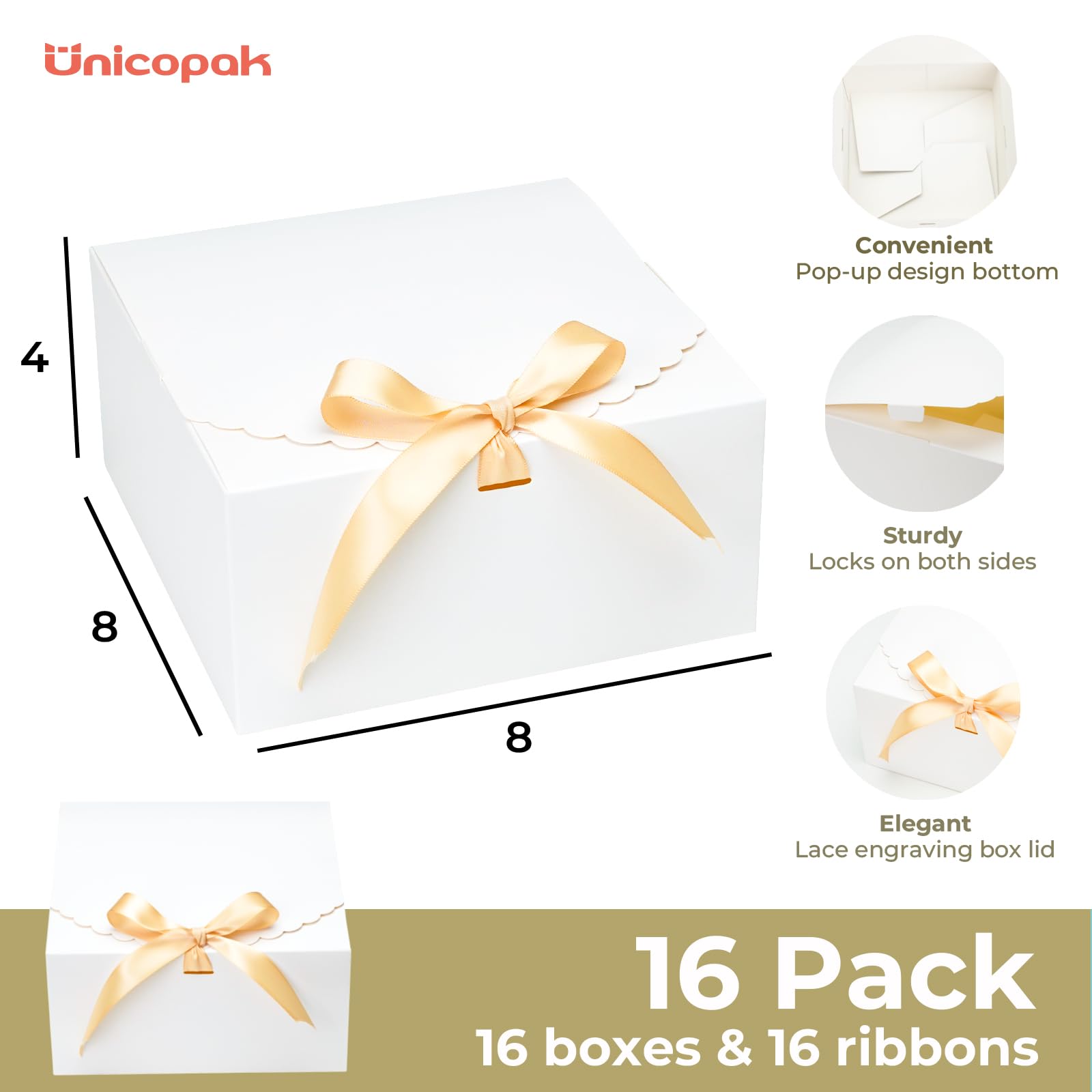 UnicoPak 16 Pack Gift Boxes 8x8x4 White Gift Boxes with Lids for Presents Cardboard Paper White Gift Box Bulk for Gifts Birthday Wedding Party Bridesmaid Proposal Box Christmas