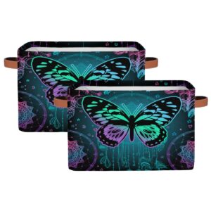 Aesthetic Butterfly Rectangular Nursery Closets Storage Baskets with Handles, Girls Mandala Canvas Collapsible Organizer Bin Bag for Home Office Bedrooms Dorm