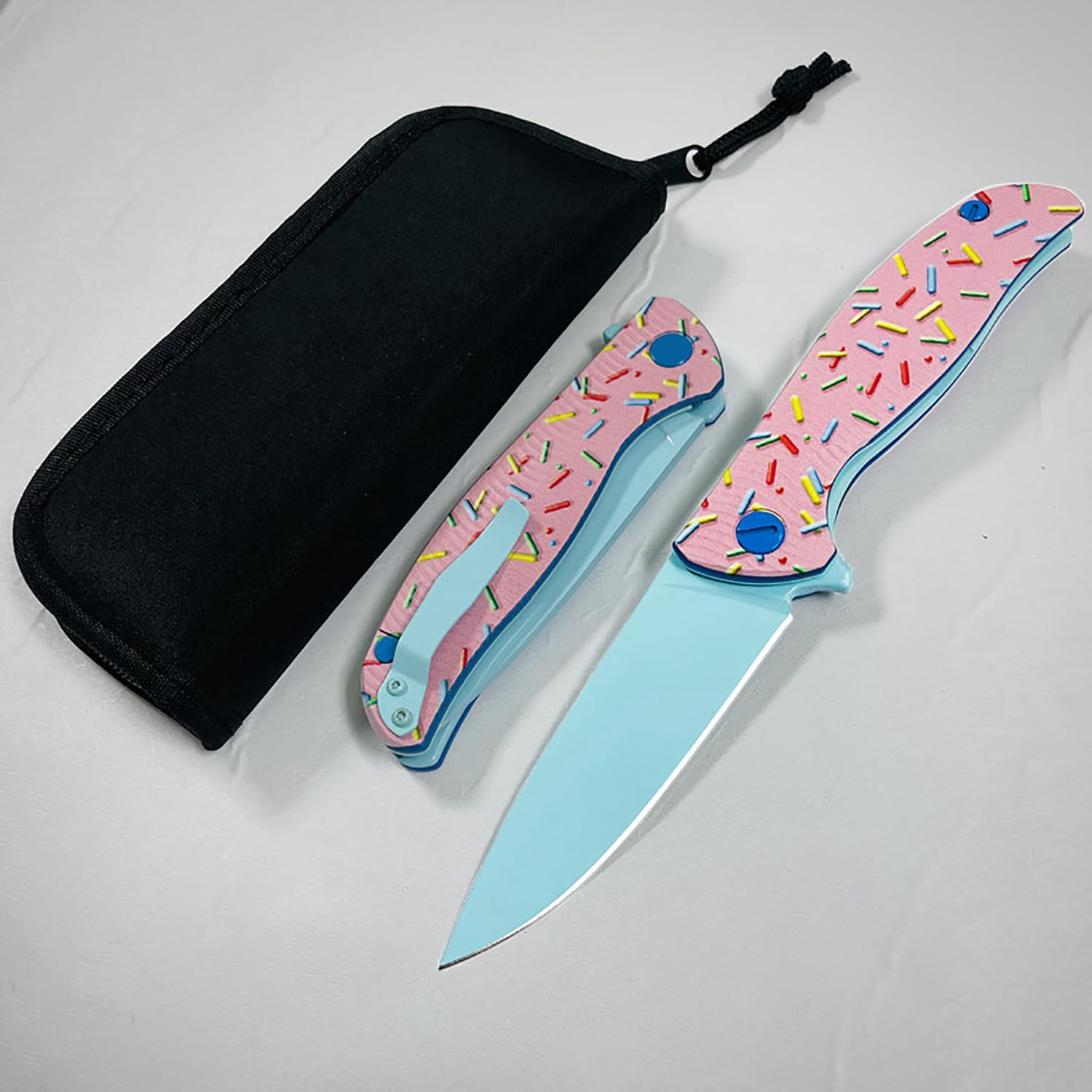 AMSOTTA Pink Sprinkle Donut Knife, Sharp Folding Pocket Knives for Men Women, G10 Handle M390 Blade EDC Knife with Pocket Clip