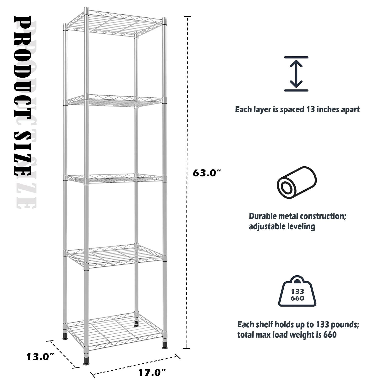 YisanCrafts 5 Tier Fixed Layer Spacing Storage Shelf Metal Storage Rack Wire Shelving Unit Storage Shelves Metal 660Lbs Capacity 17" L x 13" W x 63" H for Pantry Closet Kitchen Laundry Grey