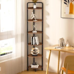 ousamili corner shelf stand, 6-tier corner bookshelf, corner plant stand with metal frame multi-purpose display and storage unit for living room, home office, rustic brown (6 tier)