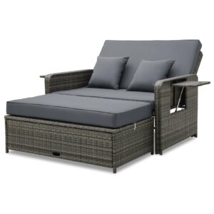 tangkula patio rattan daybed set, wicker loveseat sofa w/multipurpose ottoman & retractable side tray, 4-level adjustable backrest, footstool w/storage, seat & back cushion included (gray)