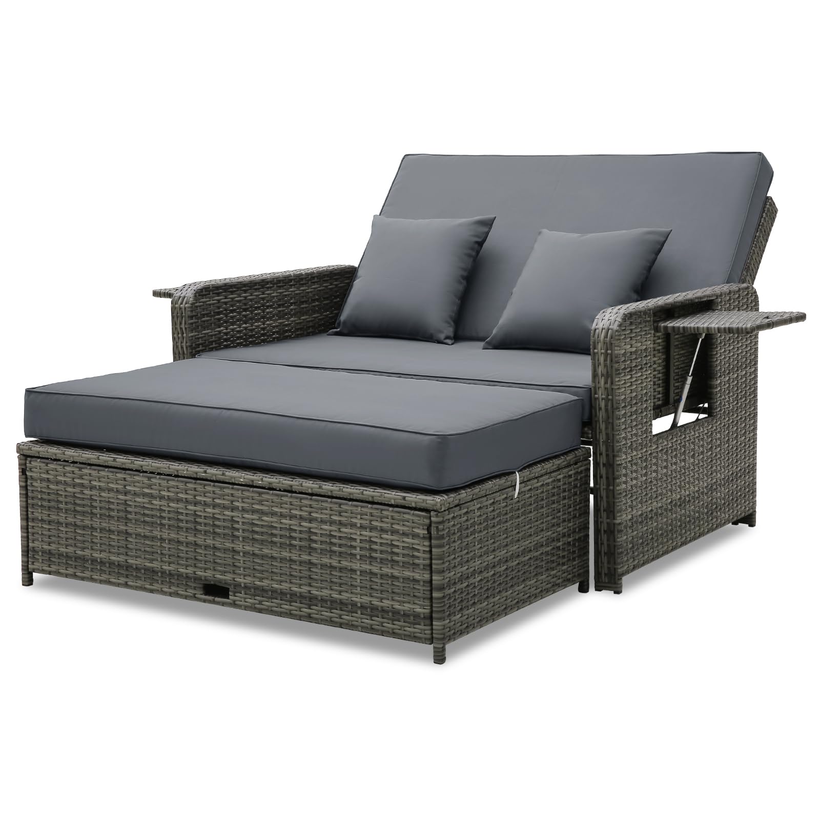 Tangkula Patio Rattan Daybed Set, Wicker Loveseat Sofa w/Multipurpose Ottoman & Retractable Side Tray, 4-Level Adjustable Backrest, Footstool w/Storage, Seat & Back Cushion Included (Gray)