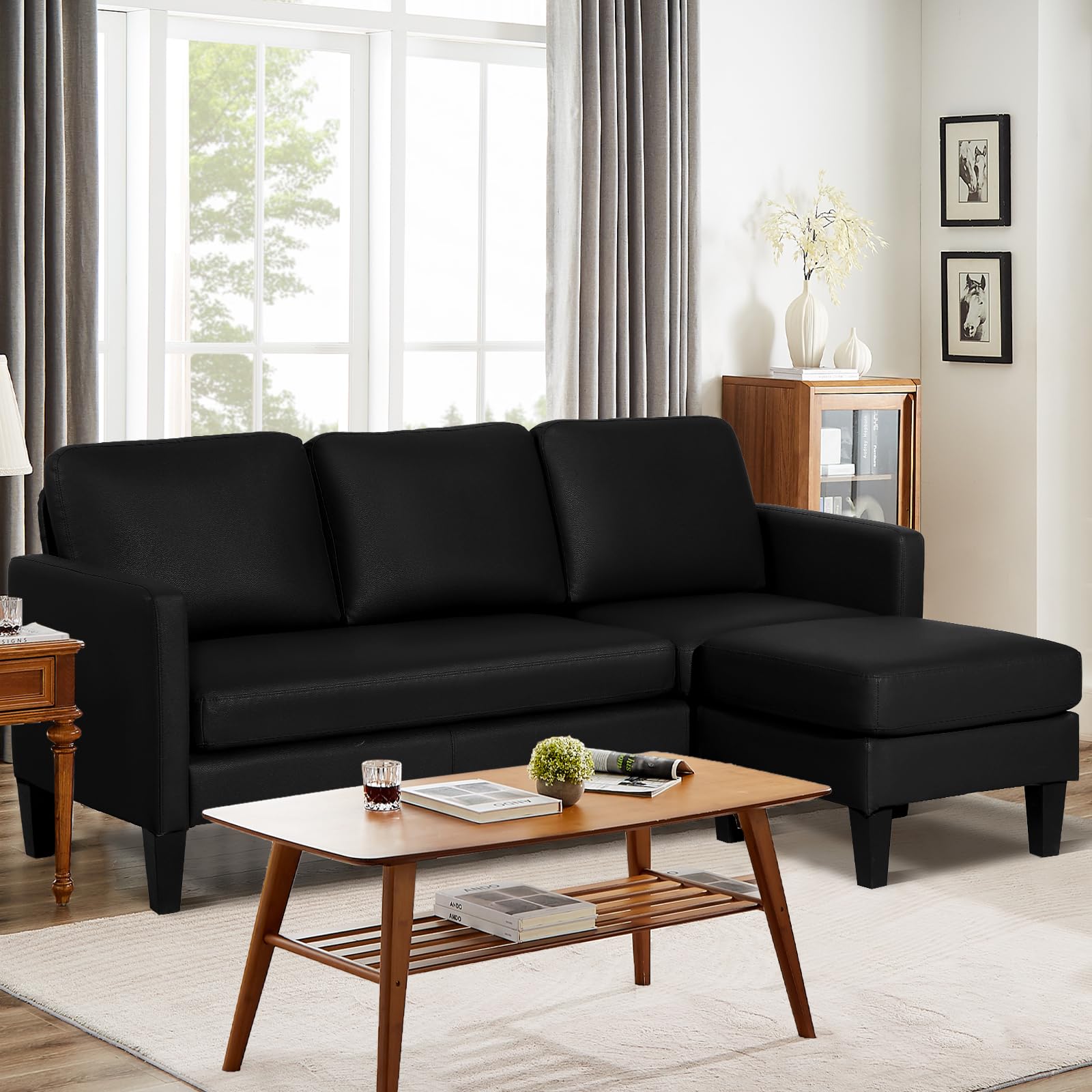 LEISU L Shaped Leather Sectional Sofa with Chaise for Small Space,Living Rooms Convertible Couch,Modern Modular Furniture Sets Suitable for Home,Apartments,Dorm,Bonus Living Room(Black)