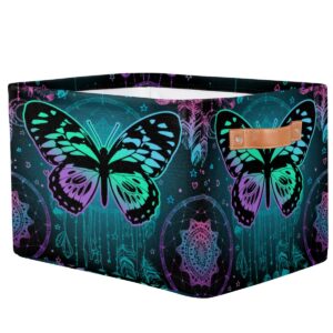 Aesthetic Butterfly Rectangular Nursery Closets Storage Baskets with Handles, Girls Mandala Canvas Collapsible Organizer Bin Bag for Home Office Bedrooms Dorm