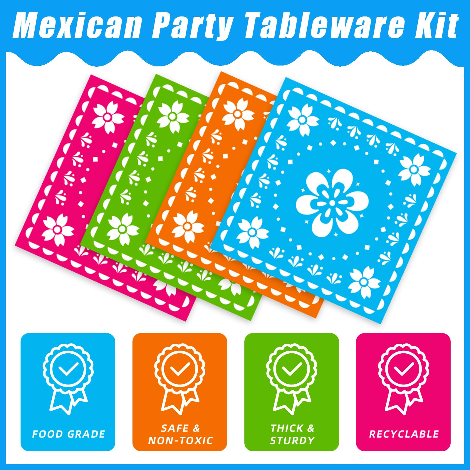 Kepeel 96 Pcs Fiesta Party Plates, Mexican Cinco De Mayo Party Decorations Supplies Mexican Papel Picado Disposable Paper Plates Napkins for Taco Carnival Birthday Baby Shower Tableware, Serves 24