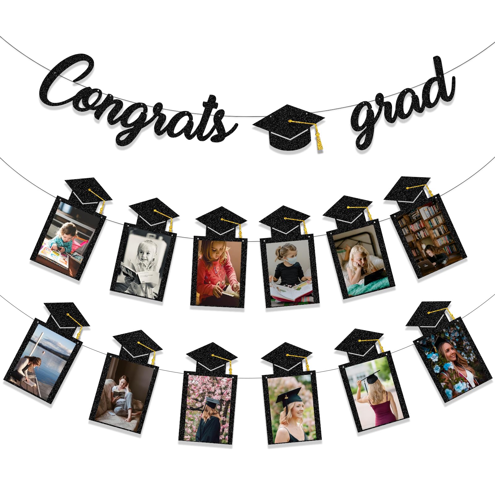 Tinbax Graduation Decorations Class of 2024 Party Supplies - Congrats Grad Banner and Grade Graduation Photo Banner (Pre-Strung)