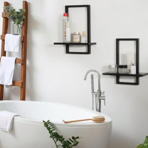 PHOENANCEE Square Floating Shelves Black,Framed Hanging Shelf for Wall Set of 2,Decorative Modern Chic Plants Decor for Living Room Bedroom Bathroom Home Office,Soild Wood,L+S