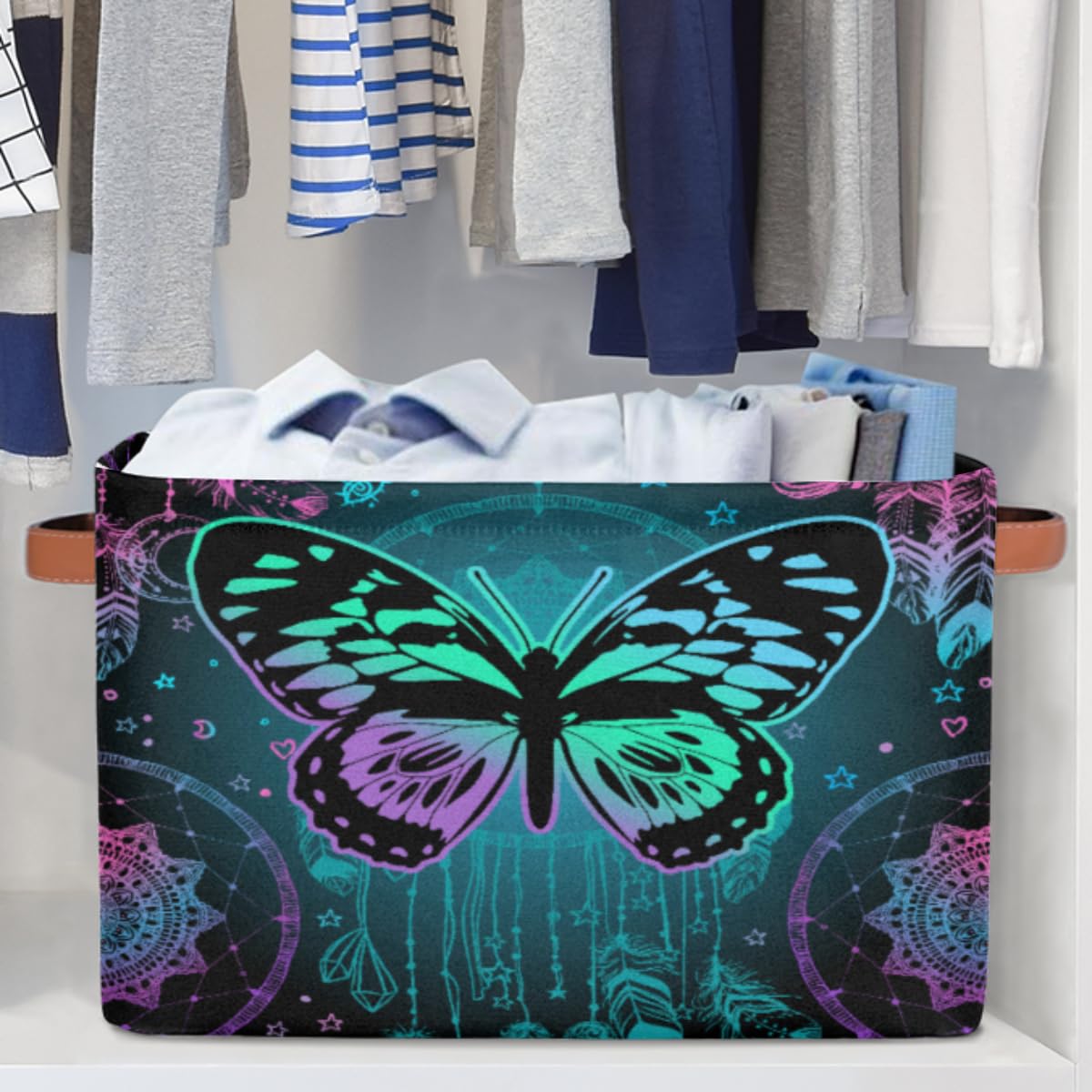 Aesthetic Butterfly Rectangular Nursery Closets Storage Baskets with Handles, Girls Mandala Canvas Collapsible Organizer Bin Bag for Home Office Bedrooms Dorm