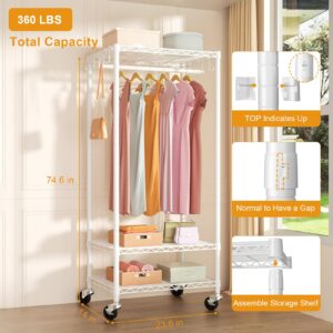 FUTASSI P6 Mini Rolling Clothes Rack Heavy Duty, Clothing Racks for Hanging Clothes, Freestanding Garment Rack with Wheels, Portable Closet Rack Max Load 360LBS, 23.6''W x 14''D x 74.6''H, White