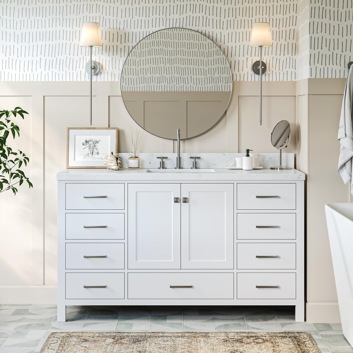 ARIEL Cambridge 60" White Bathroom Vanity, 1.5" Edge Carrara White Quartz Countertop & Splash, Rectangular Sink, 2 Soft Closing Doors, 9 Full Extension Dovetail Drawers, Brushed Nickel