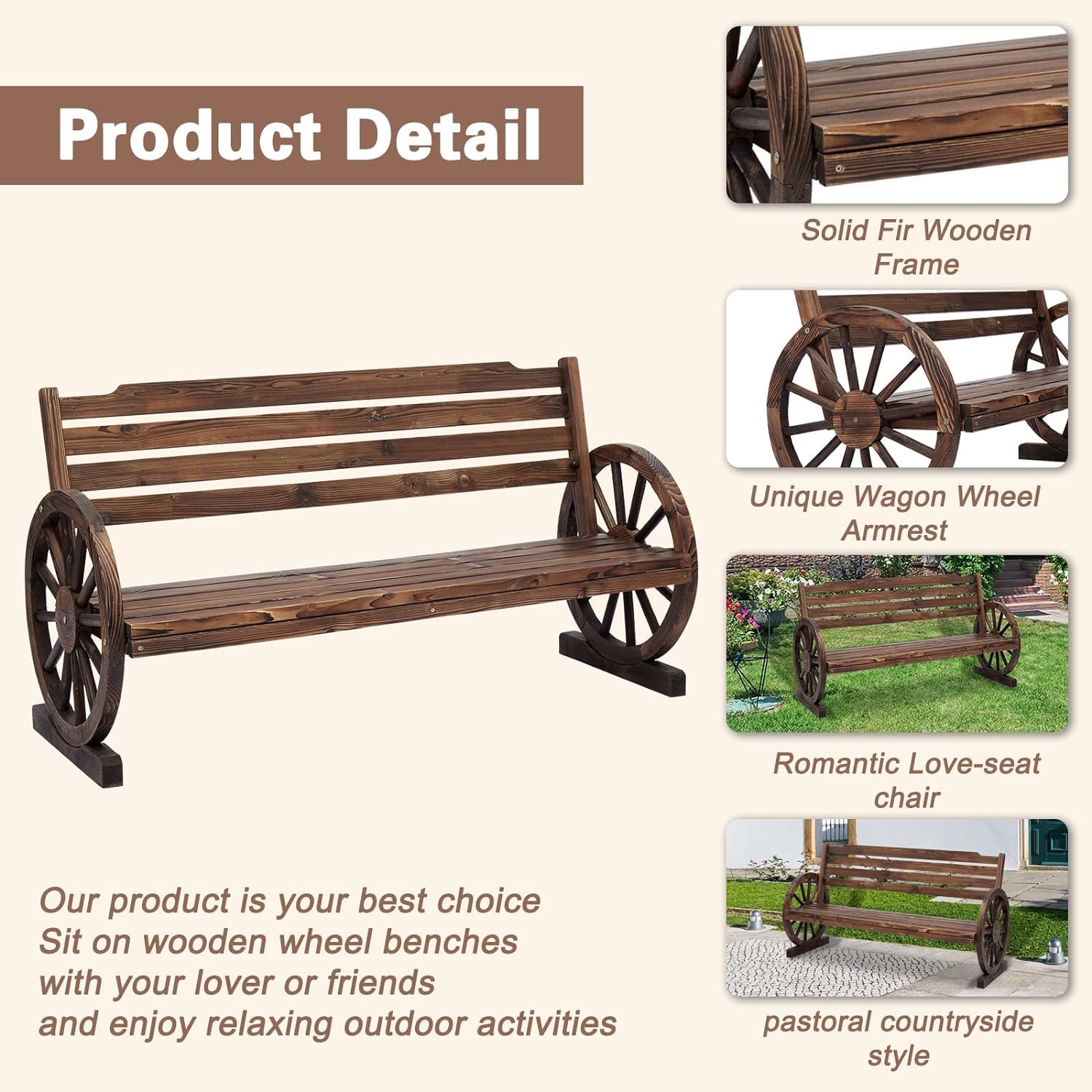 Kinfant Patio Bench Wooden Garden Seat - 55” Outdoor Rustic Brown 2-Person Wagon Wheels Furniture