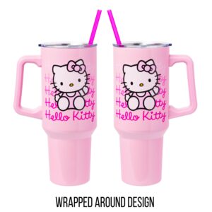 Silver Buffalo Sanrio Hello Kitty Waving Stainless Steel Tumbler with Handle and Straw, Fits in Standard Cup Holder, 40 Ounces