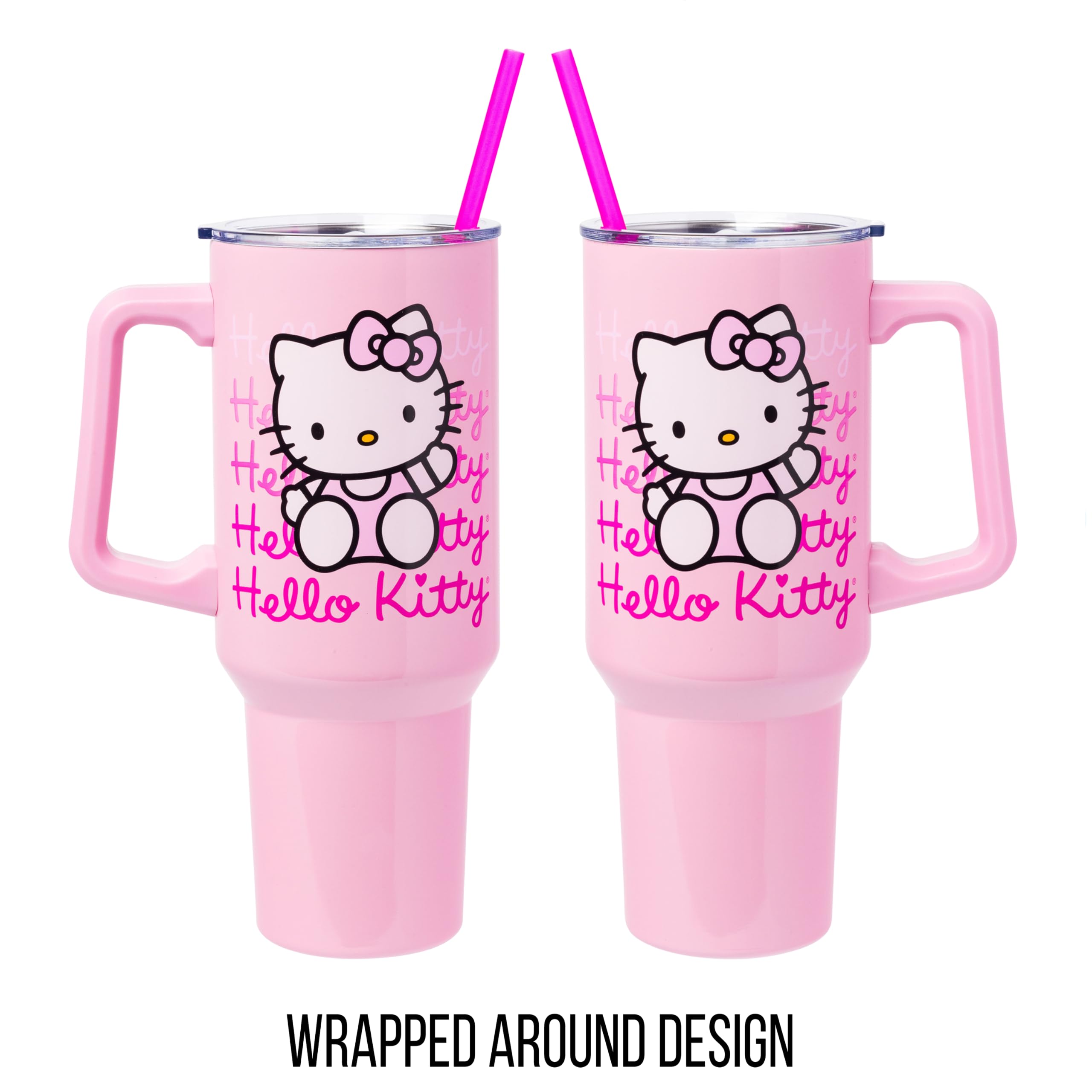 Silver Buffalo Sanrio Hello Kitty Waving Stainless Steel Tumbler with Handle and Straw, Fits in Standard Cup Holder, 40 Ounces