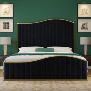 howe king size harp bed frame, velvet upholstered platform bed with 61.4" vertical channel gold trim headboard & footboard/wooden slats/no box spring needed/black