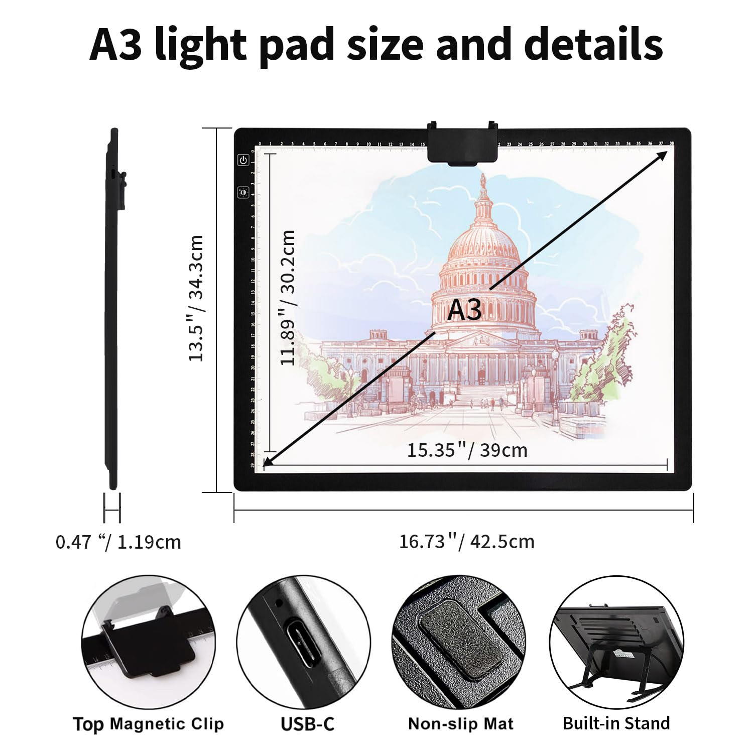 Rechargeable A3 Light Pad for Diamond Painting,Tracing Light Box with Stand and Clip,3 Colors Stepless Dimmable and 6 Levels of Brightness Light Board for Artists,Drawing,Sketching,Animation