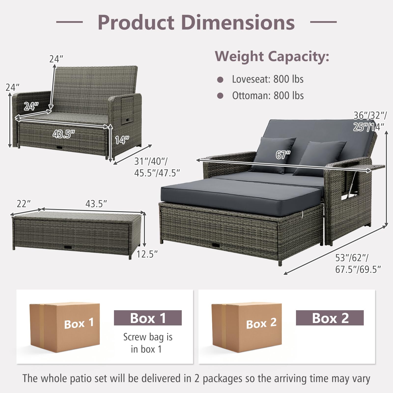 Tangkula Patio Rattan Daybed Set, Wicker Loveseat Sofa w/Multipurpose Ottoman & Retractable Side Tray, 4-Level Adjustable Backrest, Footstool w/Storage, Seat & Back Cushion Included (Gray)