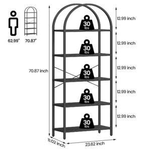 Arched Bookshelf, 5-Tier Open Bookshelf, Modern Bookcase Storage Shelves with Metal Frame, Freestanding Display Rack Tall Shelving Unit for Bedroom, Living Room, Home Office Black Frame + Black Board