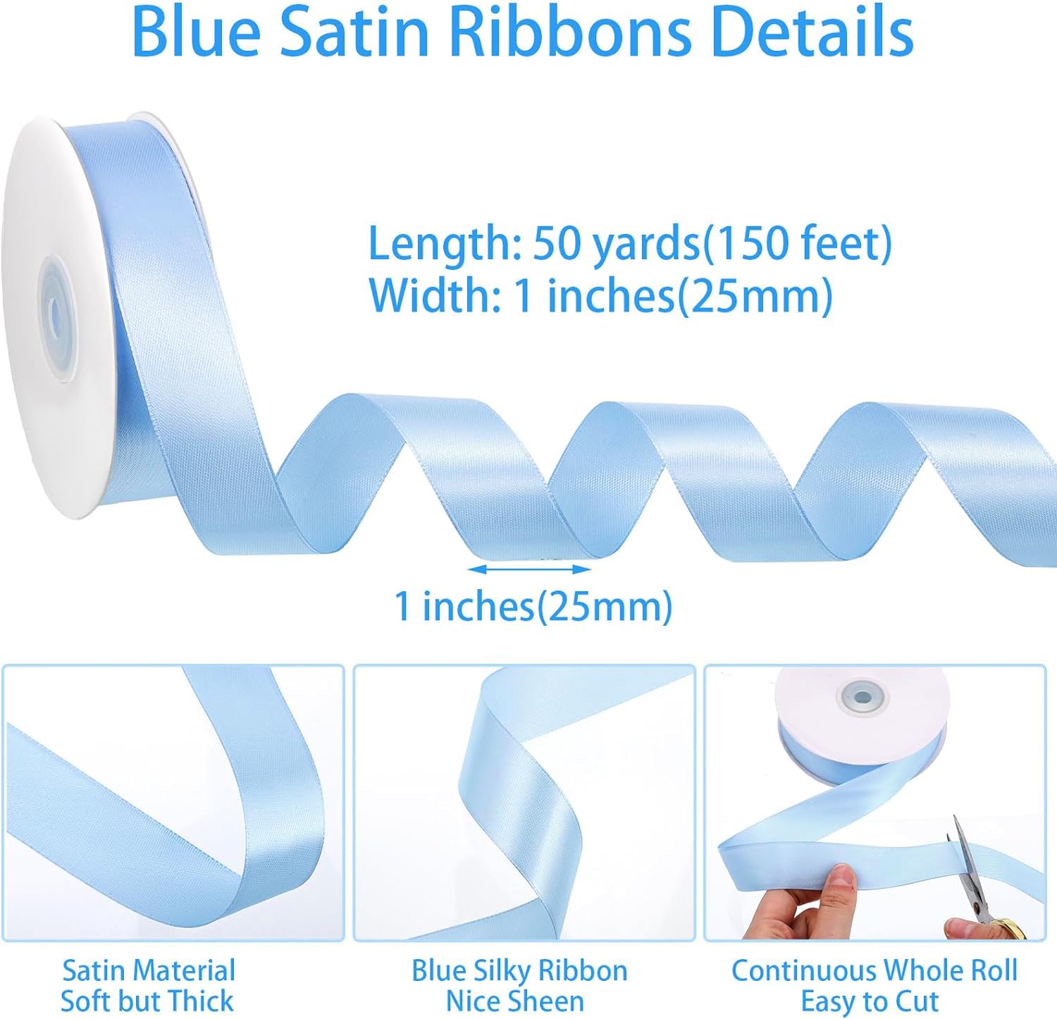 Blue Ribbon, 50 Yards 1 Inch Light Blue Ribbon Baby Blue Satin Ribbon Stocking Stuffers for Gift Wrapping Wedding Invitation Flower Bouquet Party Christmas Decorations