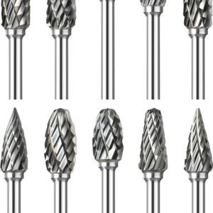 10Pcs 1/8" Shank Carbide Burr Bits Compatible with Dremel w/Beech Holder Bits Metal Grinding Bits Steel Wood Stone Carving Cutting Engraving Grinder Kit Attachment Rotary Tool Accessories Set