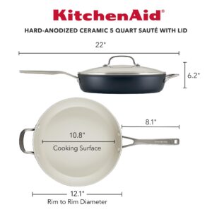 KitchenAid Hard Anodized Ceramic 5-Quart Nonstick Sauté Pan with Shatter-Resistant Lid & Riveted Handle – Durable, Even Heating, Easy Clean, Oven Safe to 500°F, Matte Black