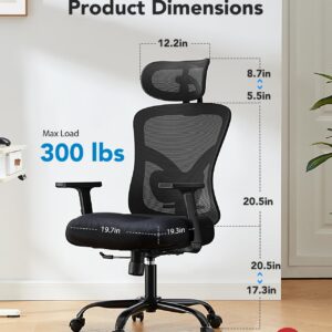 HUANUO Ergonomic Office Chair, High Back Desk Chair with S-Shaped Backrest, Adjustable Lumbar Support, Headrest, Armrest, Mesh Computer Chair with Thicker Seat Cushion and Tilt Function, Black