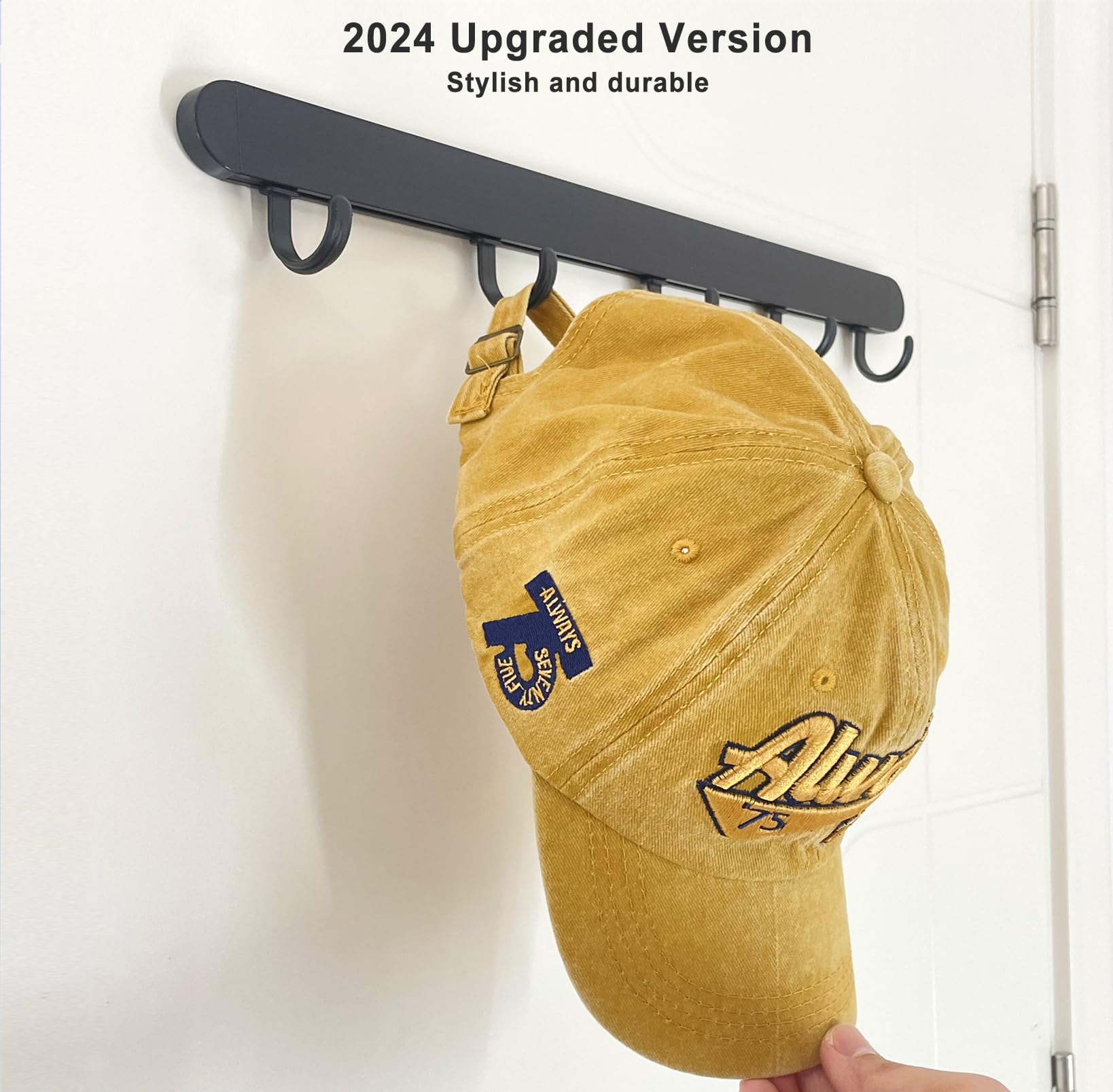 ETOWIFA Adhesive Hat Organizer Rack for Baseball Caps [Up to 18 Caps] Hat Hanger Display for Wall/Closet/Over The Door, Room/College Dorm Storage Holder - 2 Adhesive Straps and 10 Removable Hooks