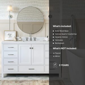 ARIEL Cambridge 60" White Bathroom Vanity, 1.5" Edge Carrara White Quartz Countertop & Splash, Rectangular Sink, 2 Soft Closing Doors, 9 Full Extension Dovetail Drawers, Brushed Nickel