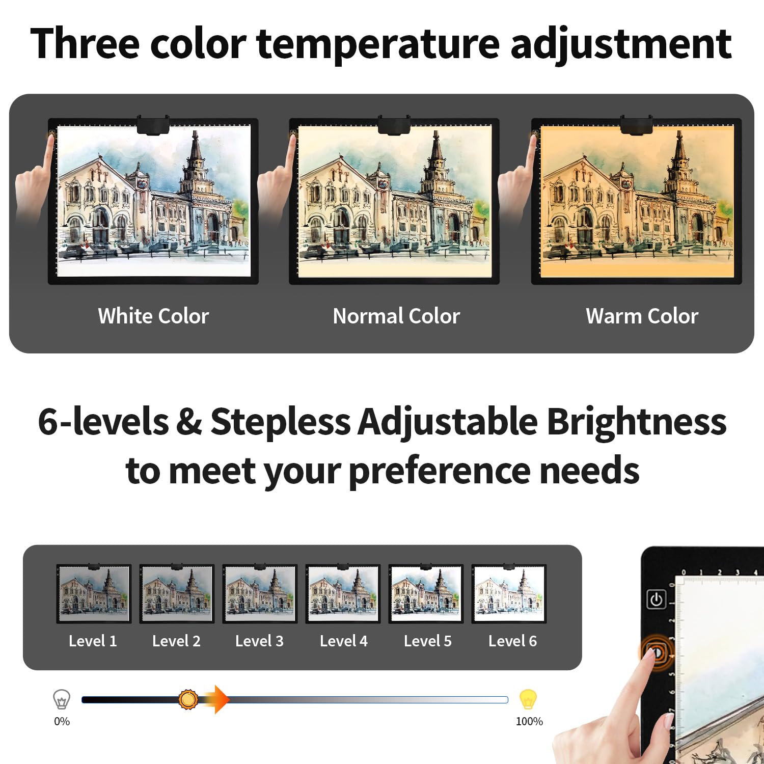 Rechargeable A3 Light Pad for Diamond Painting,Tracing Light Box with Stand and Clip,3 Colors Stepless Dimmable and 6 Levels of Brightness Light Board for Artists,Drawing,Sketching,Animation