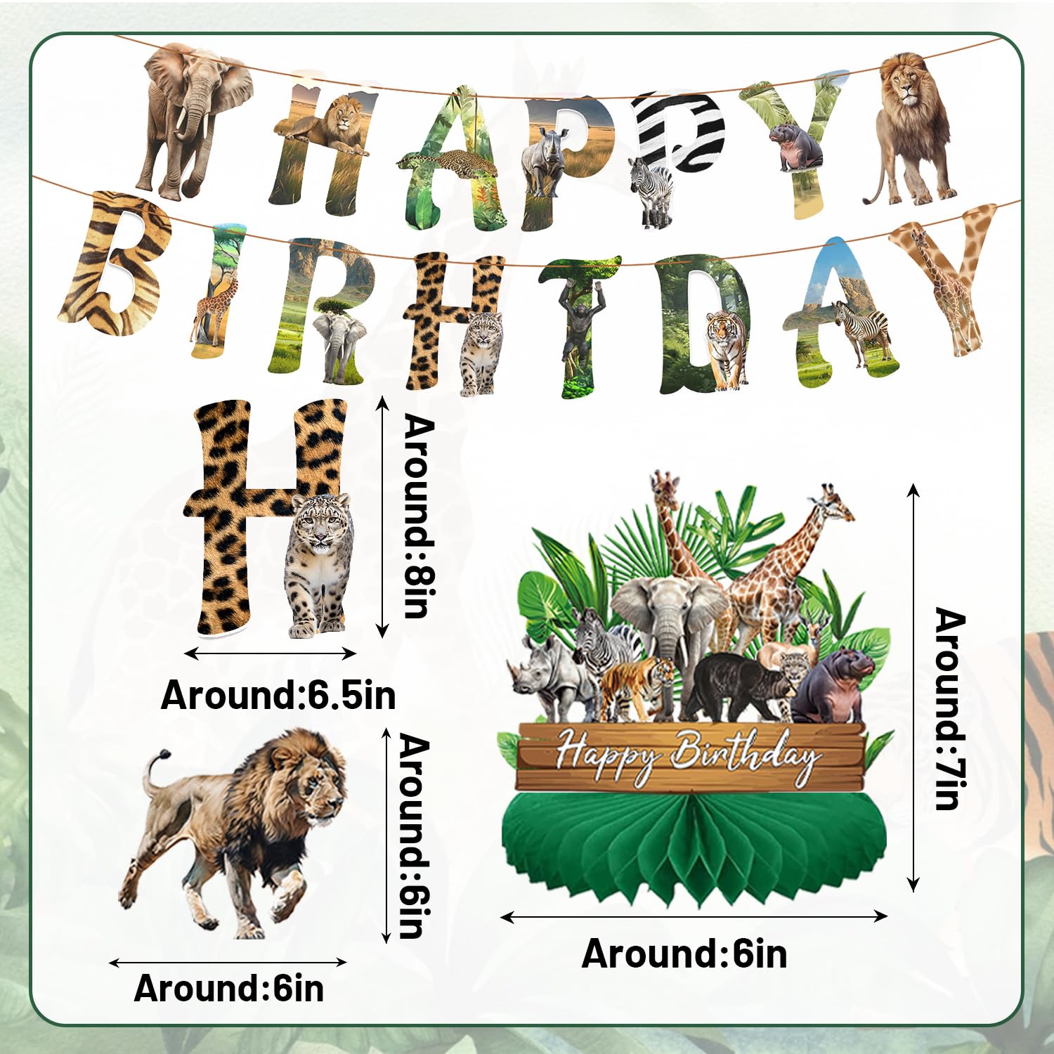 Hokiis Pre-assembled Safari Animals Birthday Decorations Jungle Animal Birthday Banner Table Decoration Honeycomb Wild Jungle Animals Colourful Swirls Cards for Wild Safari Baby Shower Decorations