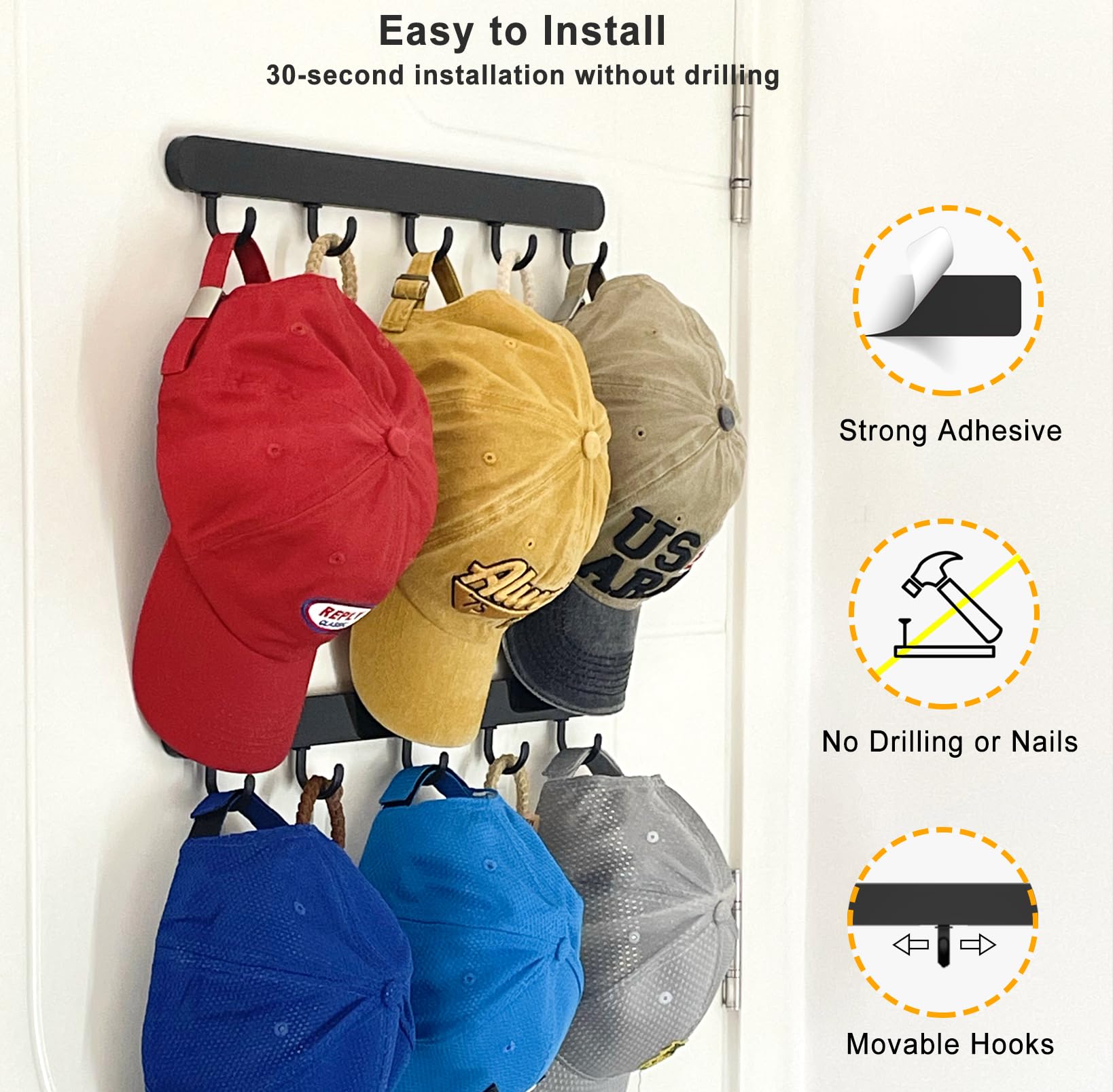 ETOWIFA Adhesive Hat Organizer Rack for Baseball Caps [Up to 18 Caps] Hat Hanger Display for Wall/Closet/Over The Door, Room/College Dorm Storage Holder - 2 Adhesive Straps and 10 Removable Hooks