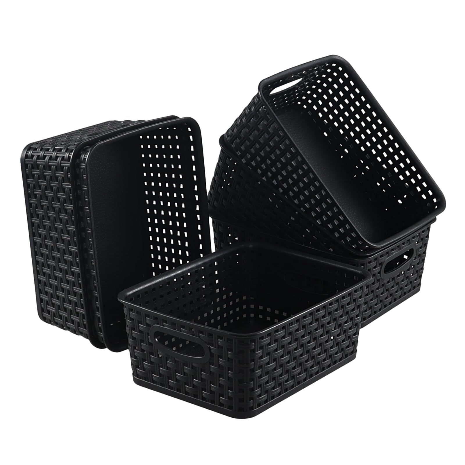 Lasbily 6-Pack Plastic Storage Basket, Woven Shelf Basket with Cut Out Handle, Pantry, Classroom, Kitchen, Bathroom Organizer Bin, Black