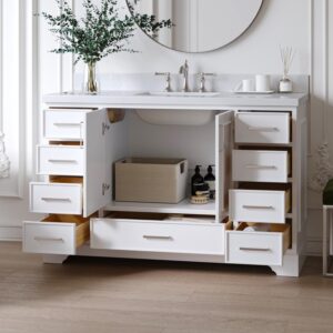 ARIEL Stafford 55" White Bathroom Vanity, 1.5" Edge Pure White Quartz Countertop & Splash, Single Rectangular Sink, 2 Soft Closing Doors, 9 Full Extension Dovetail Drawers, Brushed Nickel