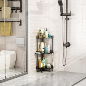 HapiRm Corner Shower Caddy Standing - 3 Tier Shower Organizer Corner with Soap Holder, Rustproof Shower Shelves with 4 Hooks for Bathroom, Black