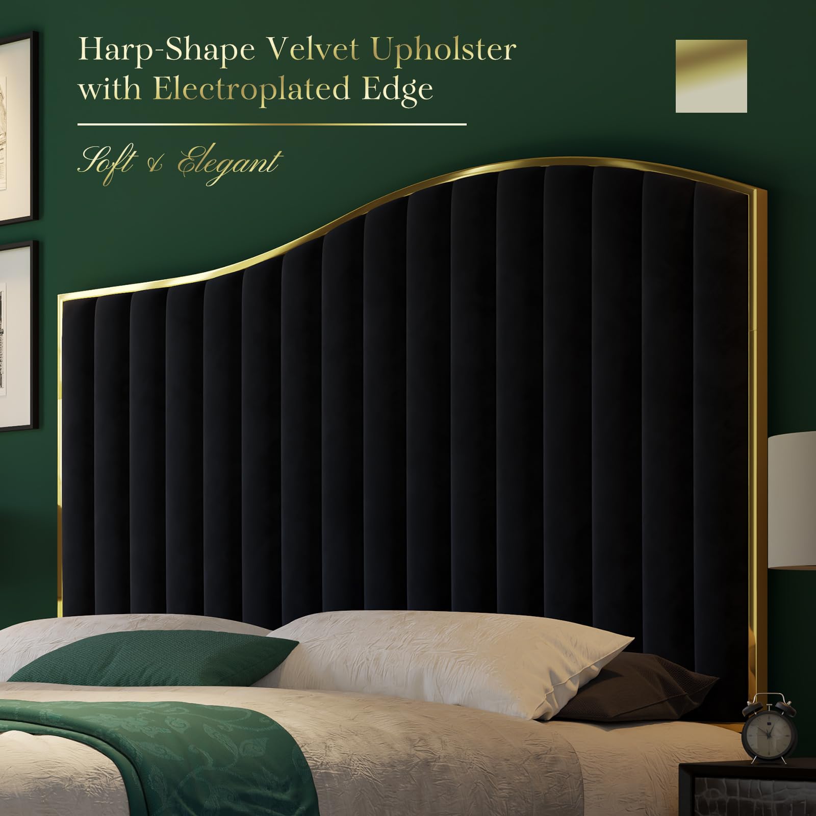 HOWE King Size Harp Bed Frame, Velvet Upholstered Platform Bed with 61.4" Vertical Channel Gold Trim Headboard & Footboard/Wooden Slats/No Box Spring Needed/Black