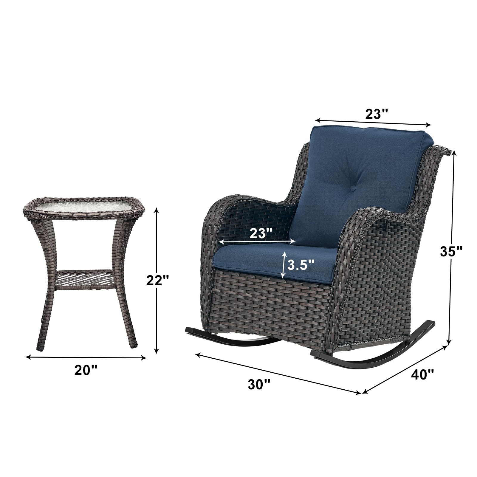 Rilyson Patio Chairs Outdoor Rocking Chair - 3 Piece Wicker Patio Bistro Set Rattan Patio Furniture Rocker Chairs and Side Table for Porch Deck Backyard Garden(Brown/Blue)