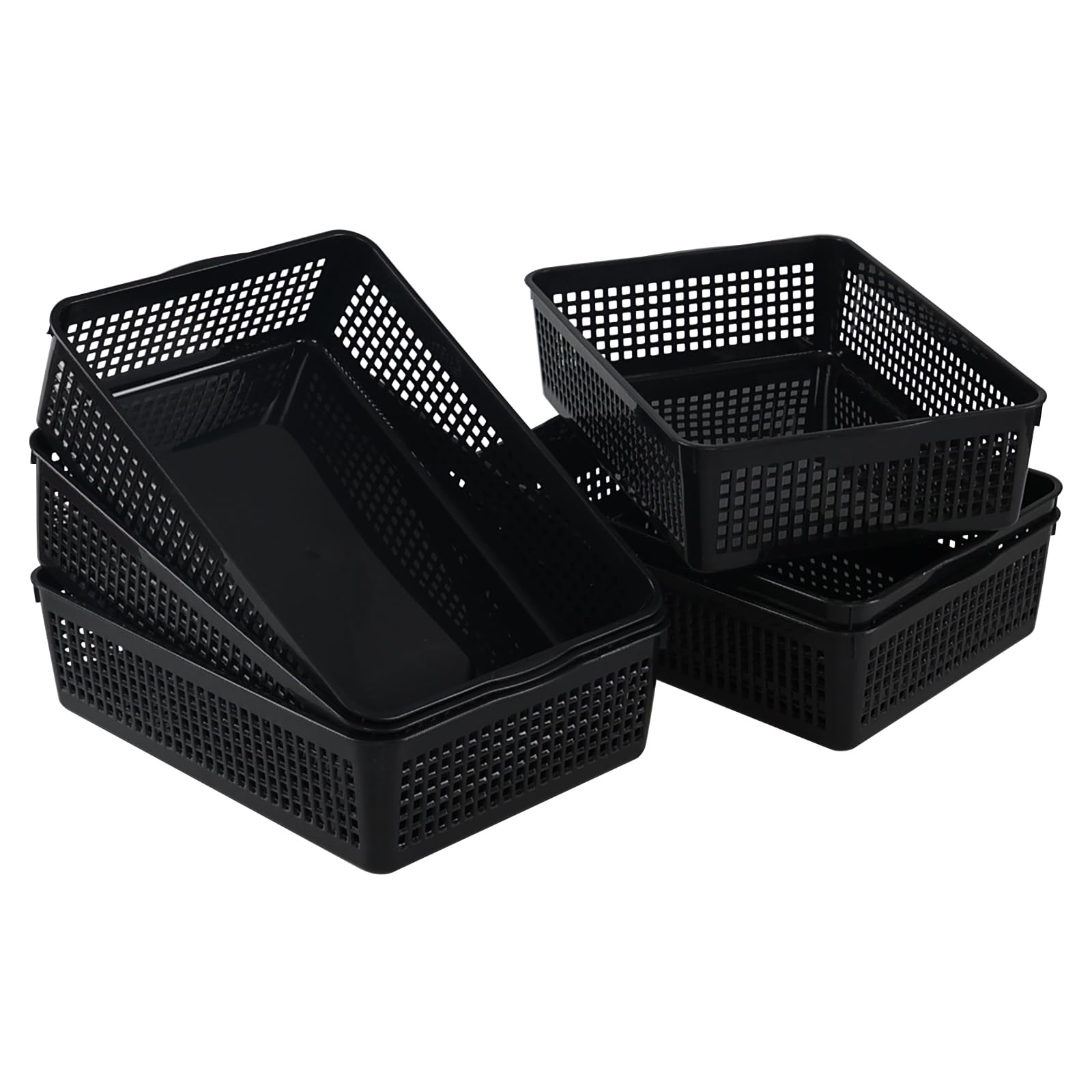 Julyeen 6 Pack Shallow Plastic Storage Baskets, Classroom Paper Baskets, Black