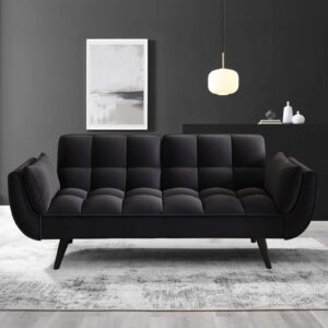 kinffict 57 inch black futon sofa couch bed, comfy velvet upholstered loveseat, convertible sleeper sofa cama with adjustable backrest, mid century modern sofas for living room, bedroom, small space