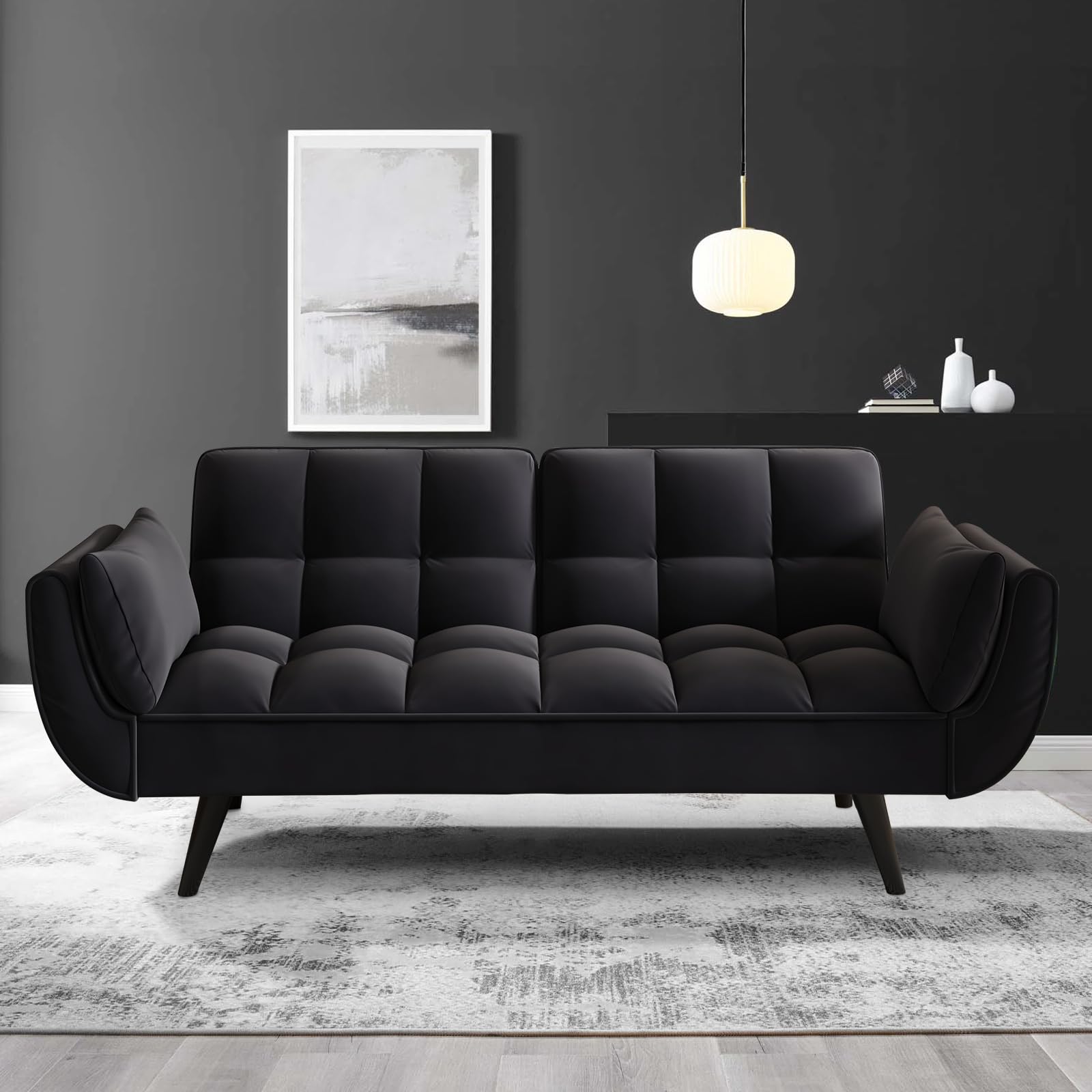 KINFFICT 57 inch Black Futon Sofa Couch Bed, Comfy Velvet Upholstered Loveseat, Convertible Sleeper Sofa cama with Adjustable Backrest, Mid Century Modern Sofas for Living Room, Bedroom, Small Space