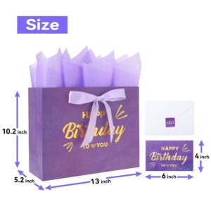 13" Large Purple Painting Gift Bag Set with Greeting Card and Lavender Tissue Papers (Gold Foil Happy Birthday) for Women's Birthday Party, Girls' Birthday Parties, Baby Shower, Baby Girl -