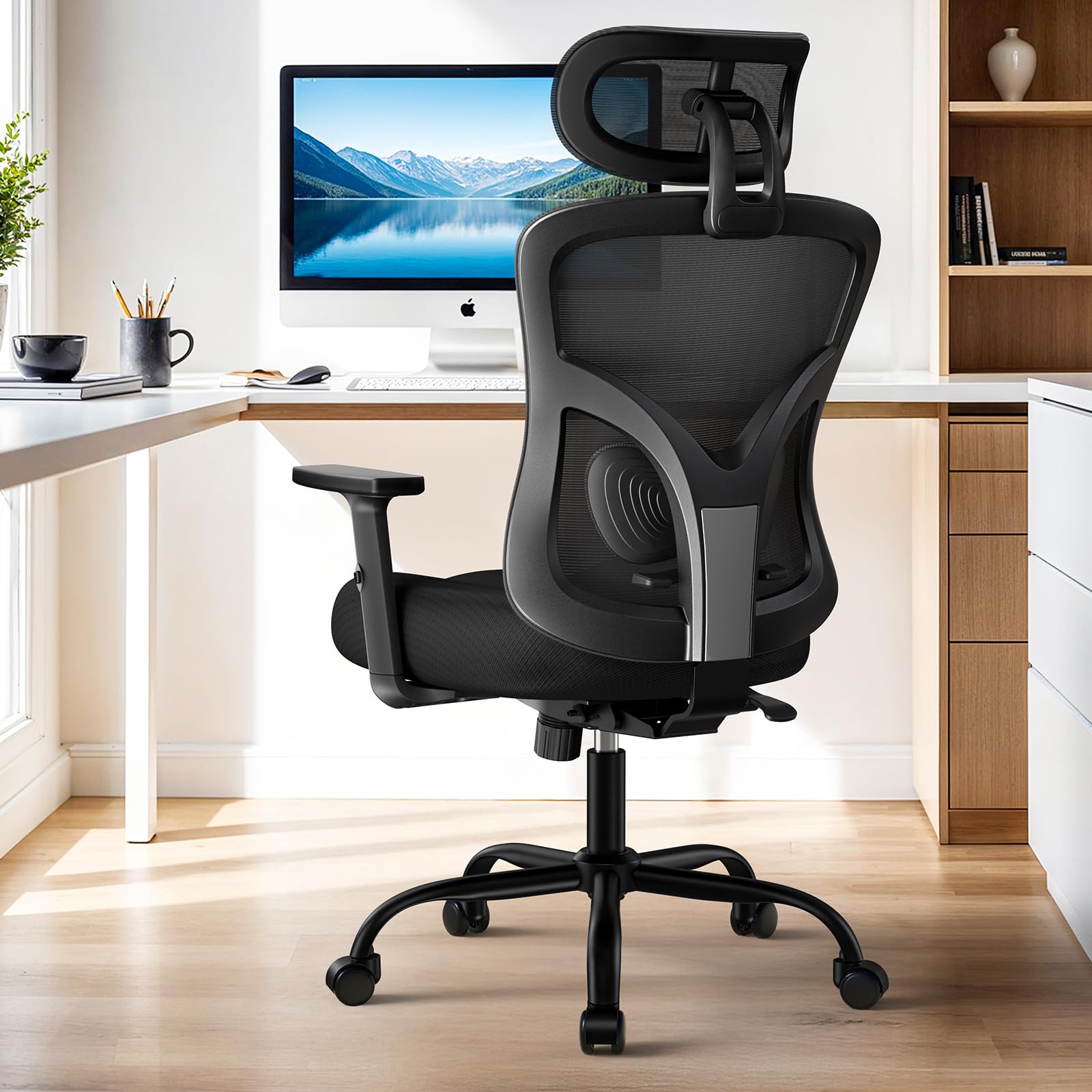 HUANUO Ergonomic Office Chair, High Back Desk Chair with S-Shaped Backrest, Adjustable Lumbar Support, Headrest, Armrest, Mesh Computer Chair with Thicker Seat Cushion and Tilt Function, Black