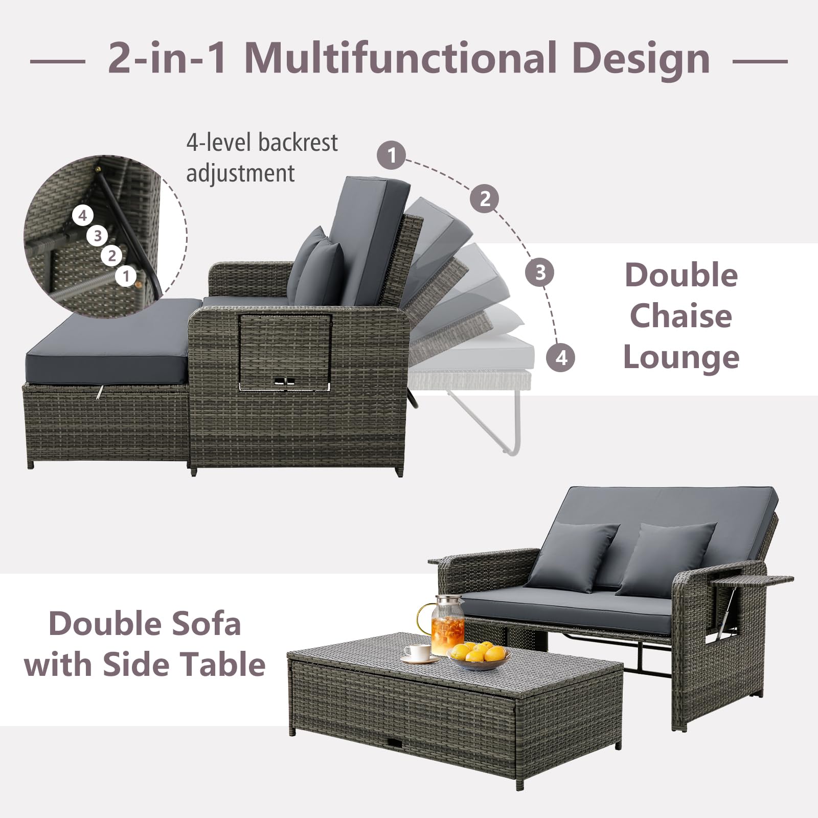 Tangkula Patio Rattan Daybed Set, Wicker Loveseat Sofa w/Multipurpose Ottoman & Retractable Side Tray, 4-Level Adjustable Backrest, Footstool w/Storage, Seat & Back Cushion Included (Gray)