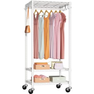 futassi p6 mini rolling clothes rack heavy duty, clothing racks for hanging clothes, freestanding garment rack with wheels, portable closet rack max load 360lbs, 23.6''w x 14''d x 74.6''h, white