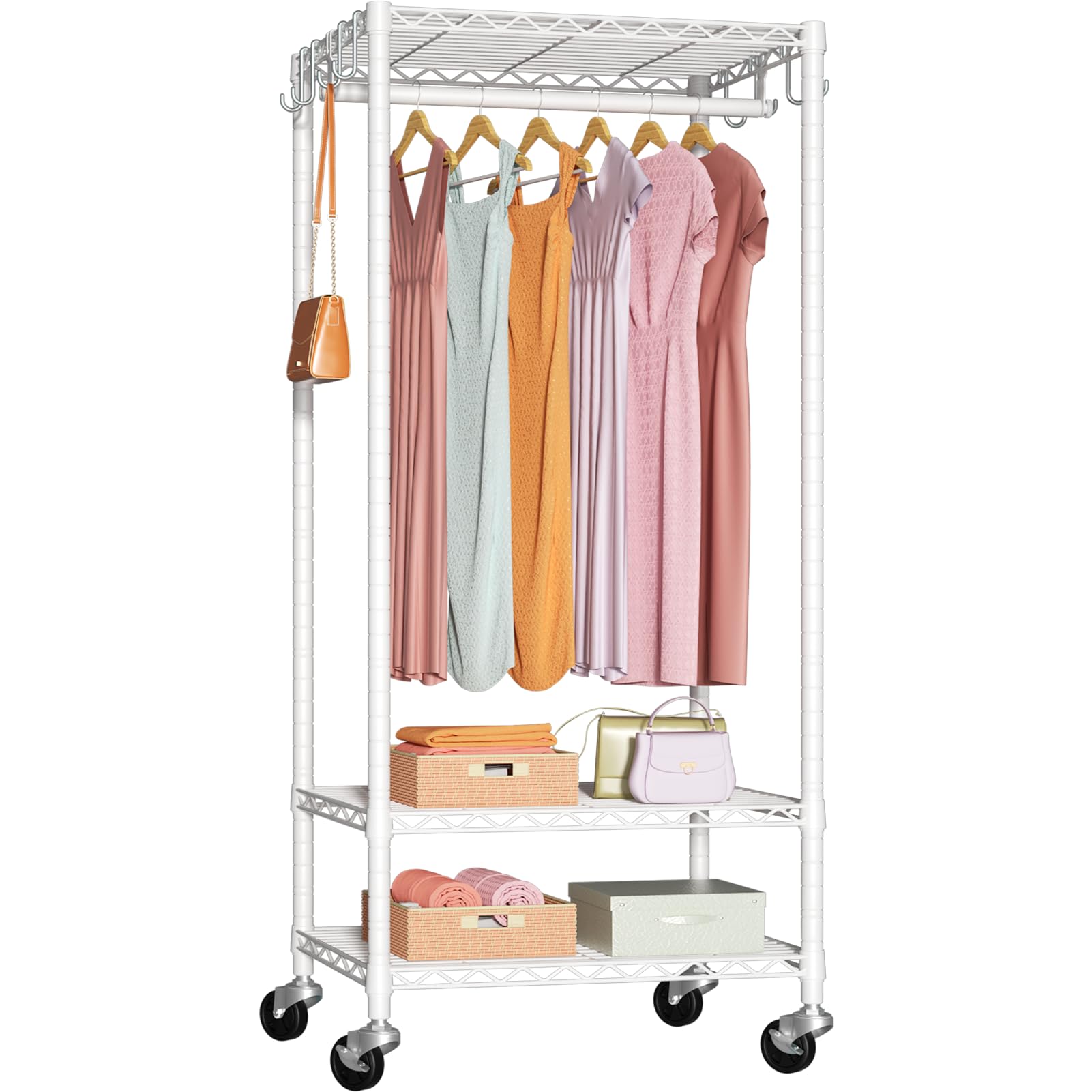 FUTASSI P6 Mini Rolling Clothes Rack Heavy Duty, Clothing Racks for Hanging Clothes, Freestanding Garment Rack with Wheels, Portable Closet Rack Max Load 360LBS, 23.6''W x 14''D x 74.6''H, White