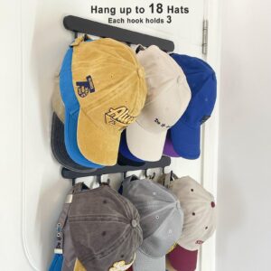 ETOWIFA Adhesive Hat Organizer Rack for Baseball Caps [Up to 18 Caps] Hat Hanger Display for Wall/Closet/Over The Door, Room/College Dorm Storage Holder - 2 Adhesive Straps and 10 Removable Hooks