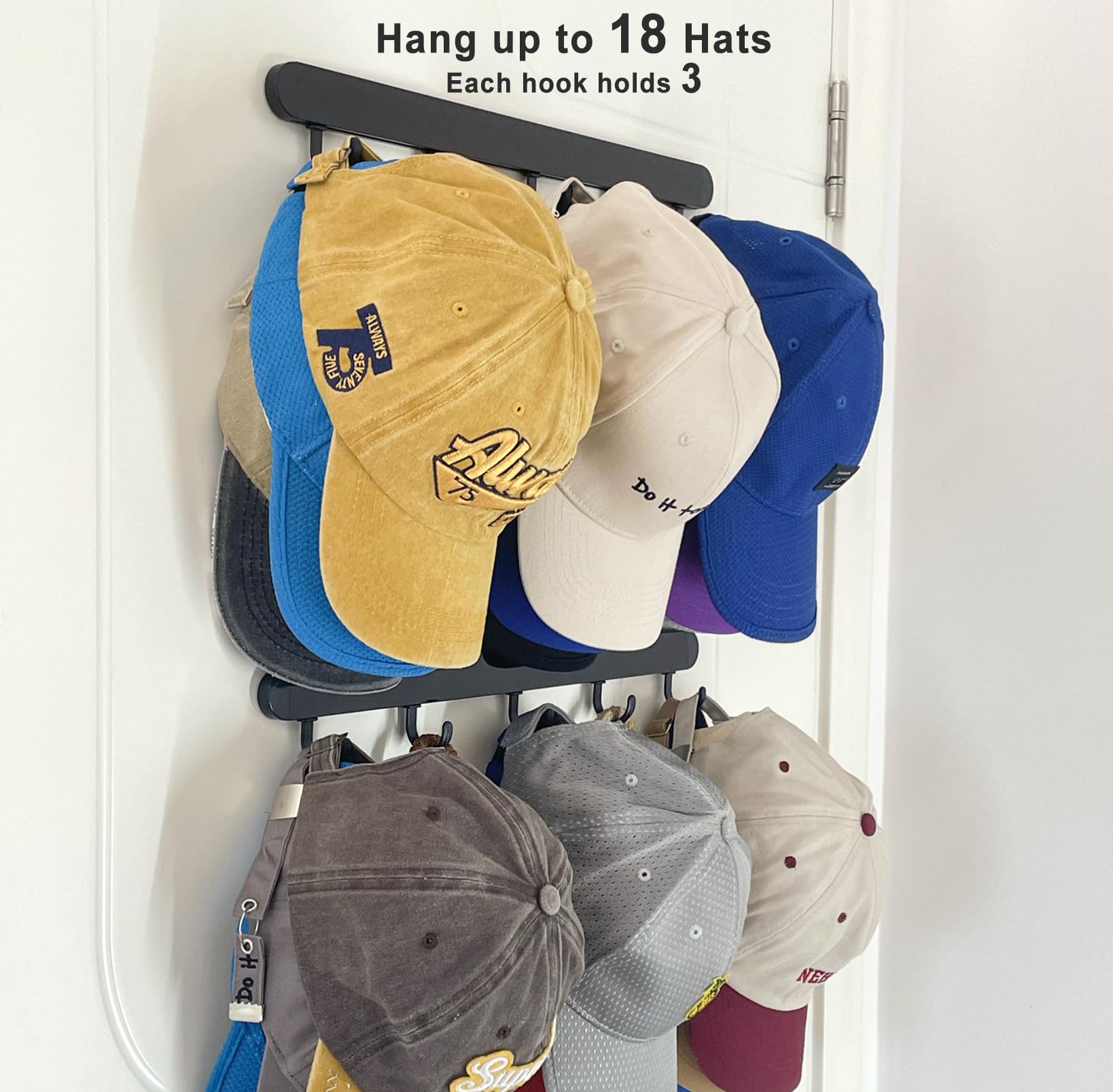 ETOWIFA Adhesive Hat Organizer Rack for Baseball Caps [Up to 18 Caps] Hat Hanger Display for Wall/Closet/Over The Door, Room/College Dorm Storage Holder - 2 Adhesive Straps and 10 Removable Hooks